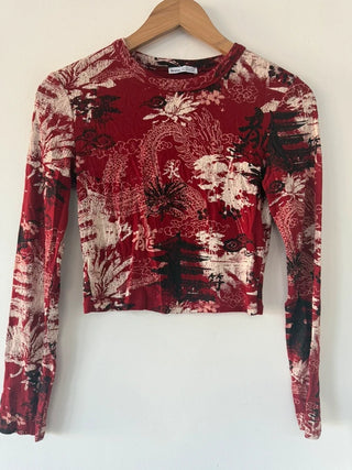 Bershka Red Asian Inspired Patterned Crop Top, preloved