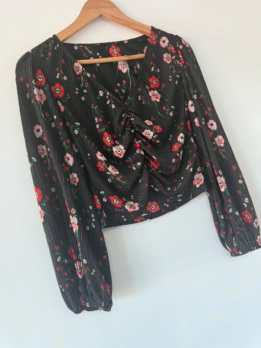 Topshop Black Floral Print Ruched Top, photo 2 of 4