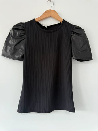 Miss Selfridge Black Short Sleeve Top with Leather Sleeves, preloved