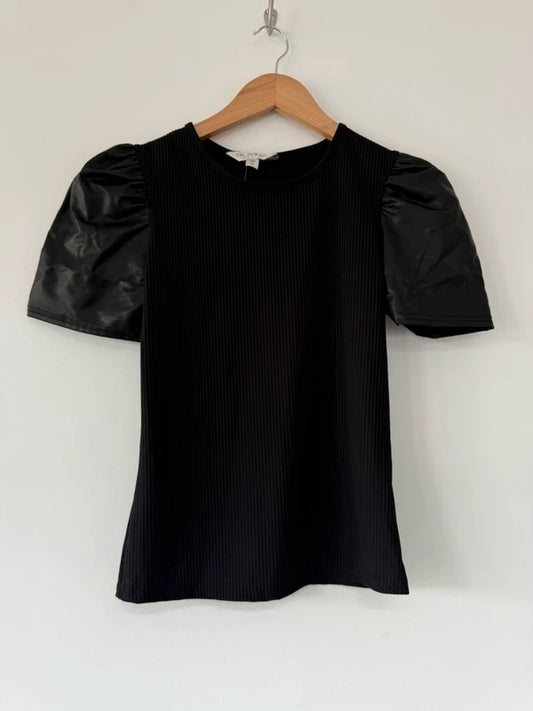 Miss Selfridge Black Short Sleeve Top with Leather Sleeves, photo 2 of 3