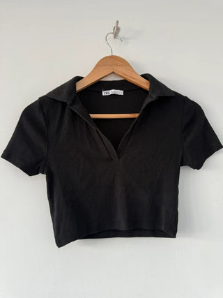 Zara Cropped Black Collar Top, preloved
