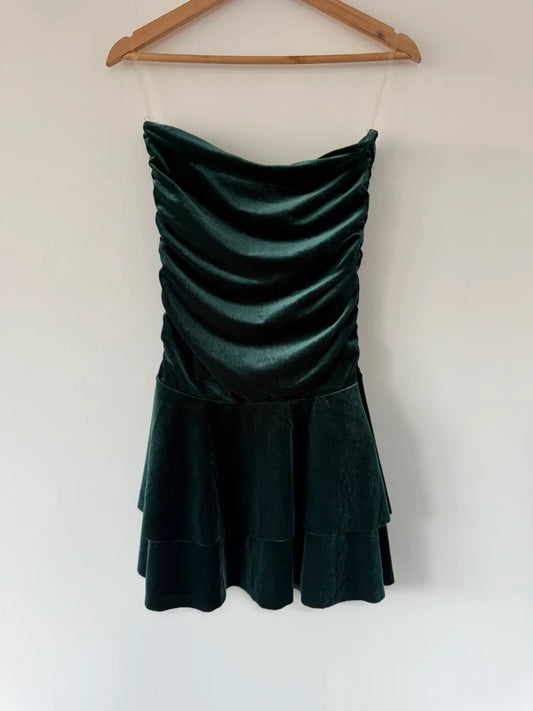 Apricot Green Velvet Ruched Strapless Dress, photo 2 of 3