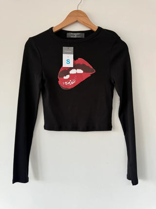 Primark New Black Lips Long Sleeve Top, preloved