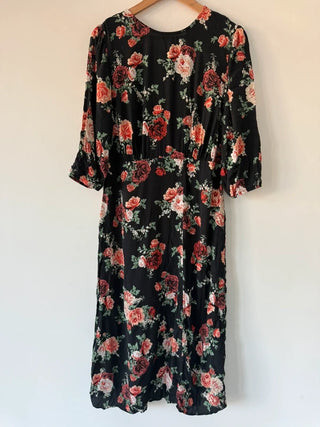 New look black and red floral midi dress, preloved