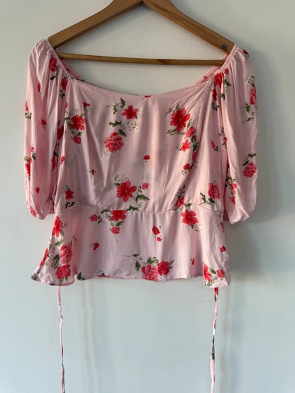 New Look Pink Peplum Floral Top Size 14 Petite, preloved