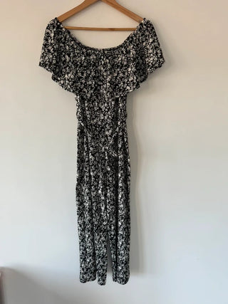 Peacocks Black and White Floral Print Jumpsuit, preloved
