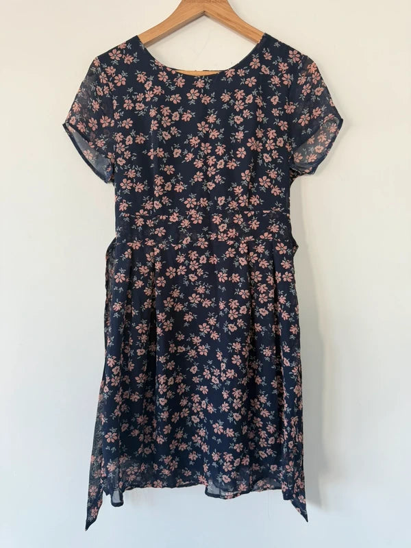 Apricot Navy Blue Floral Patterned Dress, preloved