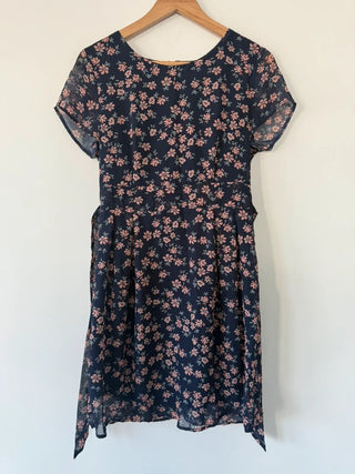 Apricot Navy Blue Floral Patterned Dress, preloved