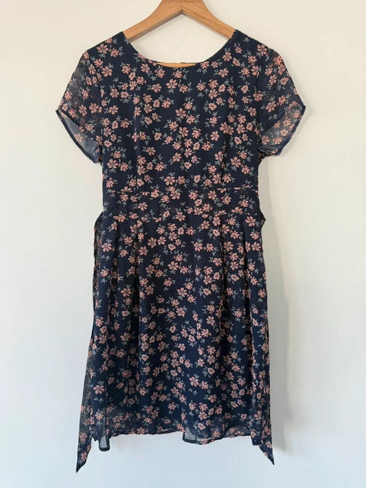 Apricot Navy Blue Floral Patterned Dress, preloved
