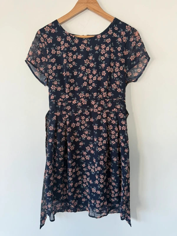Apricot Navy Blue Floral Patterned Dress, photo 2 of 5