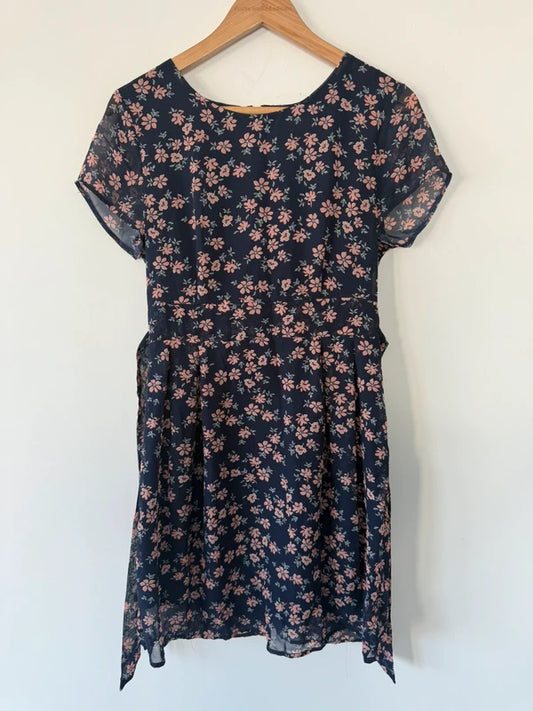 Apricot Navy Blue Floral Patterned Dress, photo 2 of 5