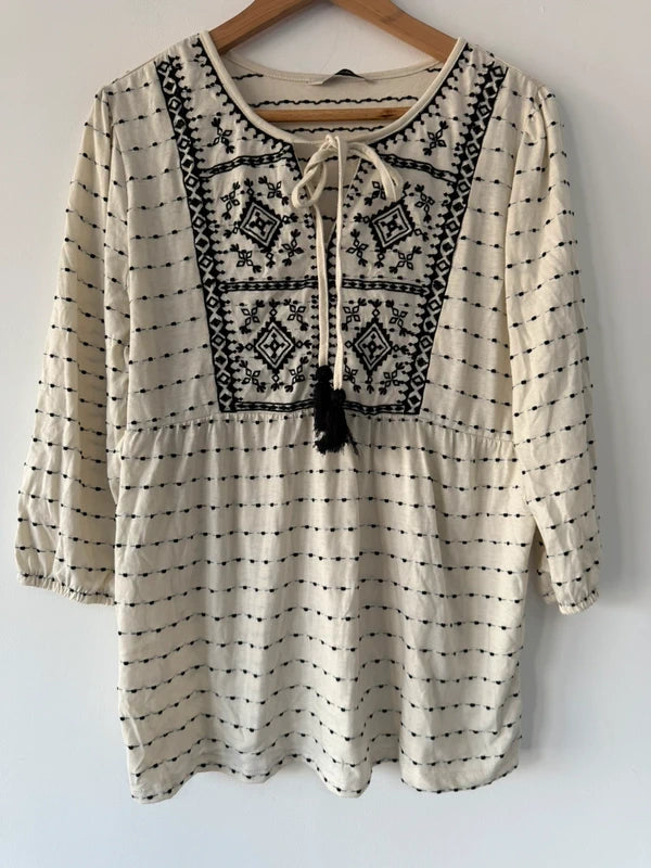 George Boho Embroidered Tunic Top – Size 16 – Black & Cream, preloved