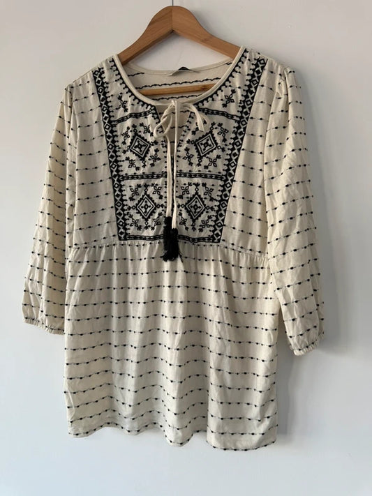George Boho Embroidered Tunic Top – Size 16 – Black & Cream, photo 2 of 4
