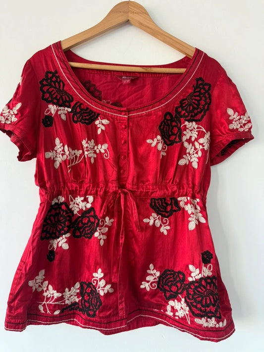 Monsoon Y2K Embroidered Red Silk Blend Blouse – UK 16, preloved