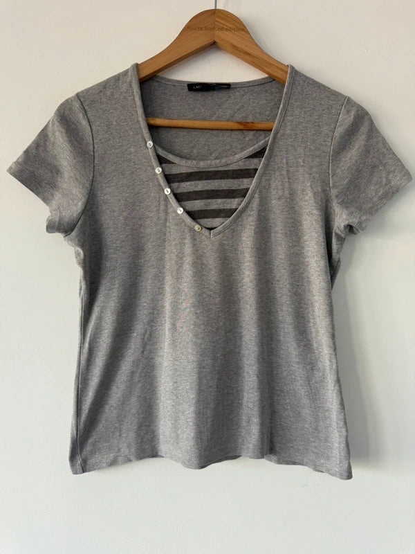 Laura Ashley Grey Cotton Y2K T-Shirt – UK 12, preloved