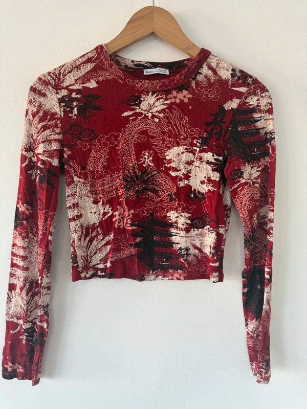 Bershka Red Asian Inspired Patterned Crop Top, photo 2 of 4
