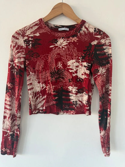 Bershka Red Asian Inspired Patterned Crop Top, photo 2 of 4