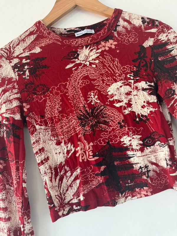 Bershka Red Asian Inspired Patterned Crop Top, photo 3 of 4