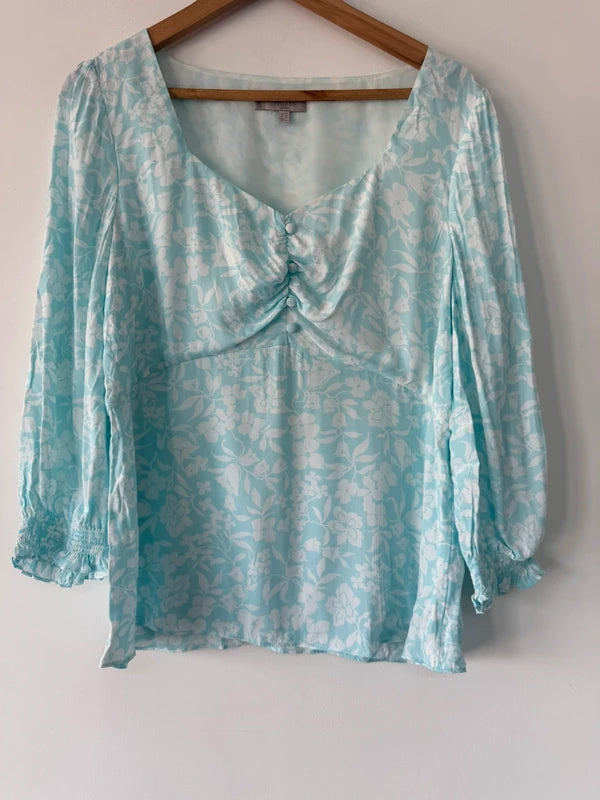 Hobbs Turquoise and White Floral Patterned Summer Top Wise 14, preloved