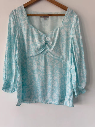 Hobbs Turquoise and White Floral Patterned Summer Top Wise 14, preloved