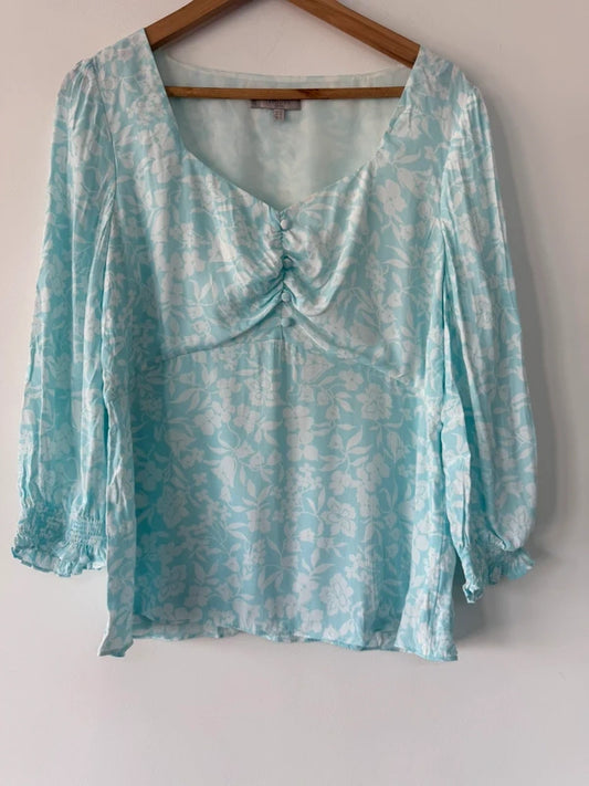 Hobbs Turquoise and White Floral Patterned Summer Top Wise 14, preloved