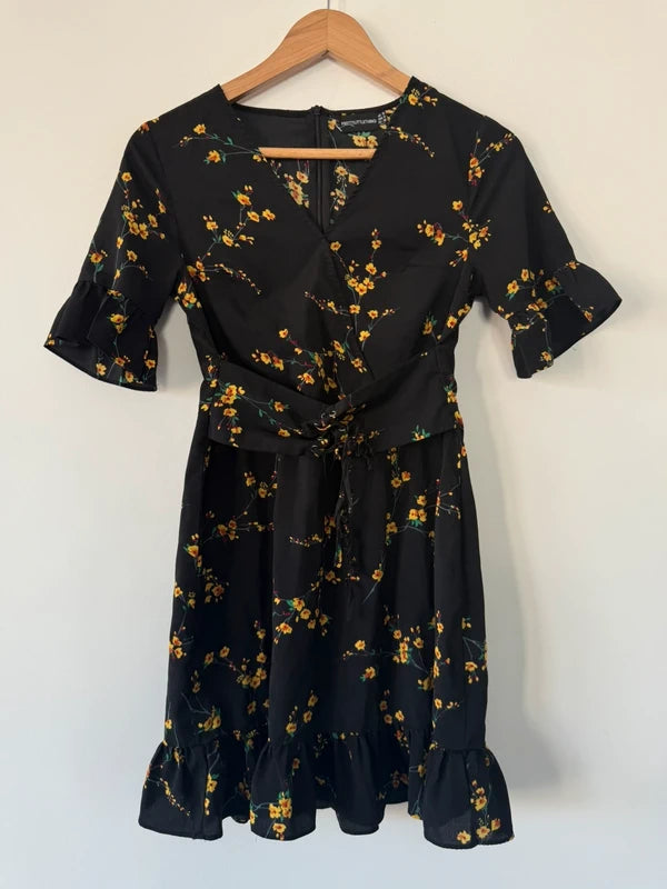 Pretty Little Thing Black and Yellow Floral Dress, preloved
