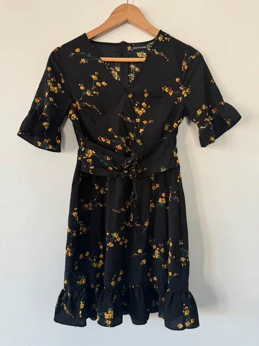 Pretty Little Thing Black and Yellow Floral Dress, preloved