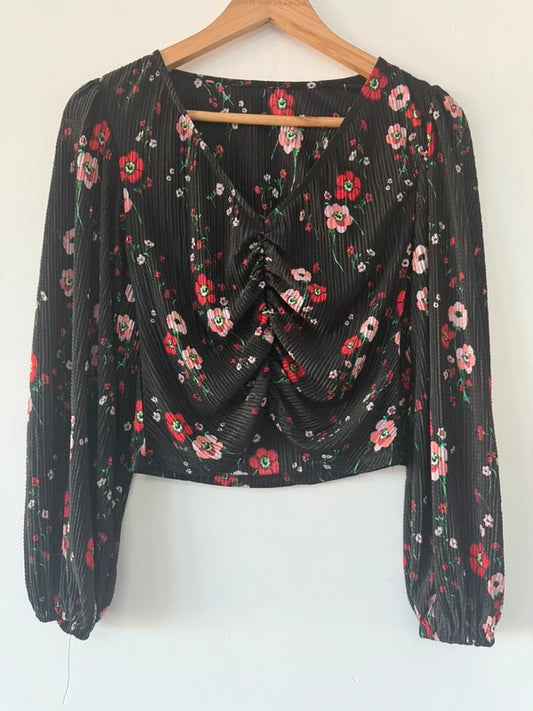 Topshop Black Floral Print Ruched Top, preloved