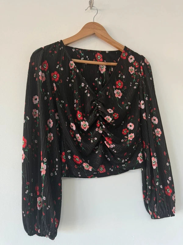 Topshop Black Floral Print Ruched Top, photo 3 of 4