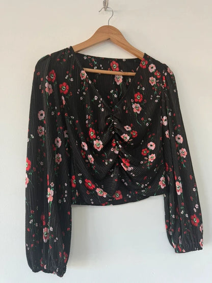 Topshop Black Floral Print Ruched Top, photo 3 of 4