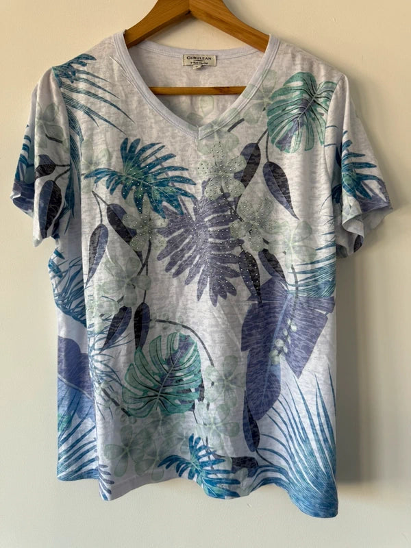 Cerulean Leaf Print Summer Top, preloved