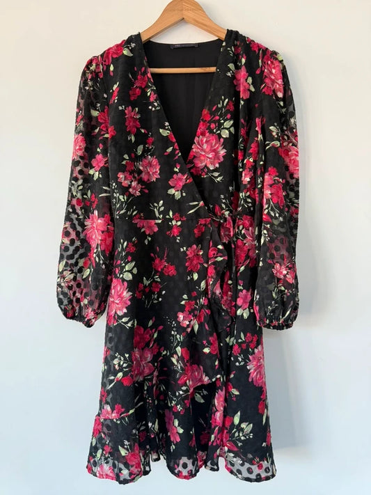 M&S Floral Spotted Black and Pink Dress, preloved