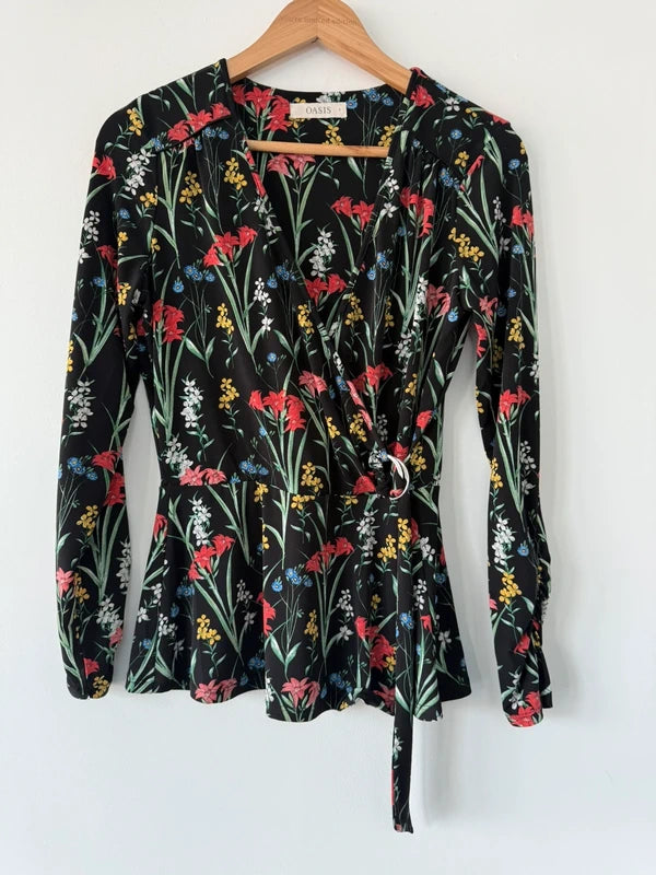 Oasis Floral Wrap Peplum Style Top, preloved