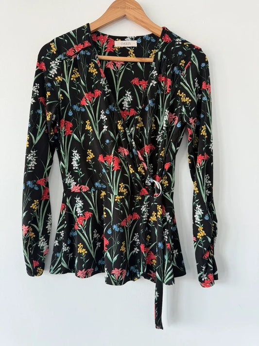 Oasis Floral Wrap Peplum Style Top, preloved