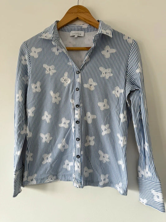 Just White Blue Striped Flower Blouse, preloved