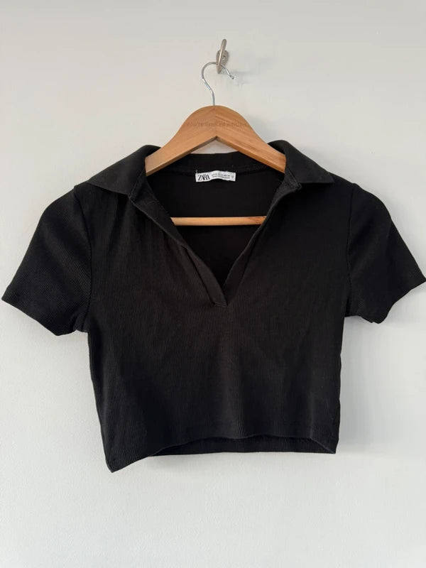 Zara Cropped Black Collar Top, preloved