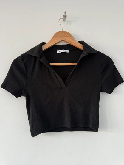 Zara Cropped Black Collar Top, preloved