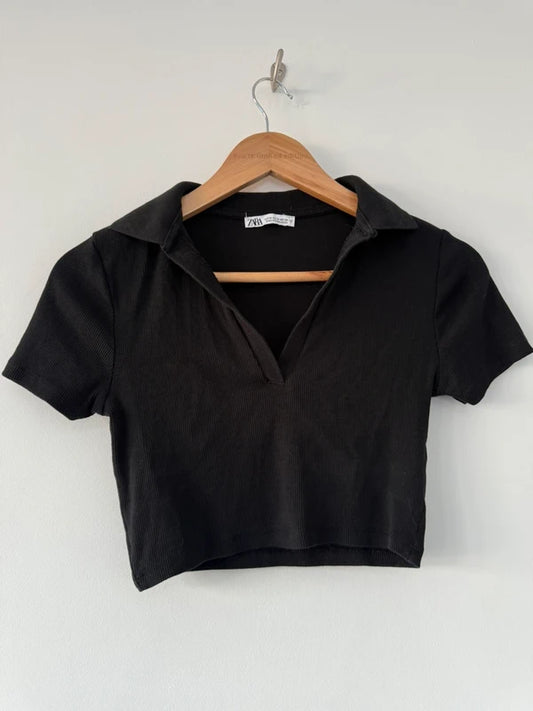 Zara Cropped Black Collar Top, preloved