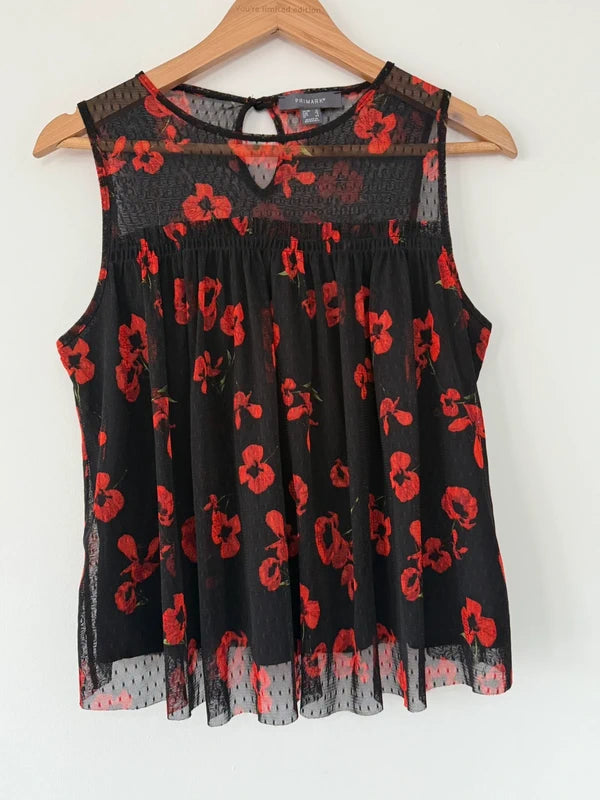 Primark Black and Red Poppy Mesh Style Top, preloved