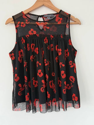 Primark Black and Red Poppy Mesh Style Top, preloved