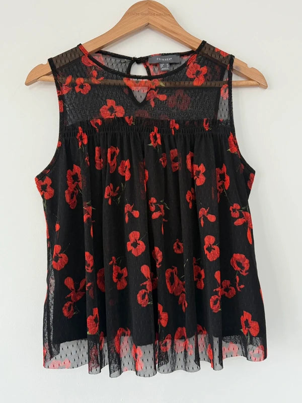 Primark Black and Red Poppy Mesh Style Top, photo 2 of 3