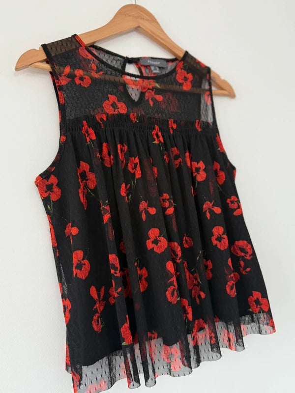 Primark Black and Red Poppy Mesh Style Top, photo 3 of 3