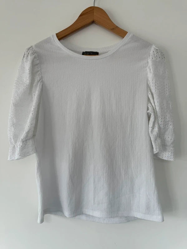 Papaya White Puffed Sleeve Top Size 12 Petite, photo 2 of 4