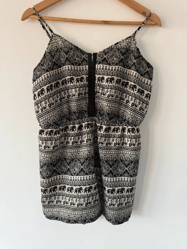 Black Pattered Playsuit Elephant Print Side Medium, preloved