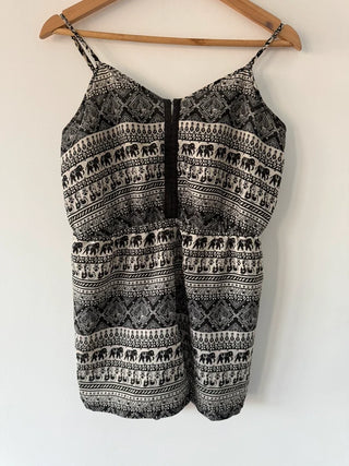 Black Pattered Playsuit Elephant Print Side Medium, preloved