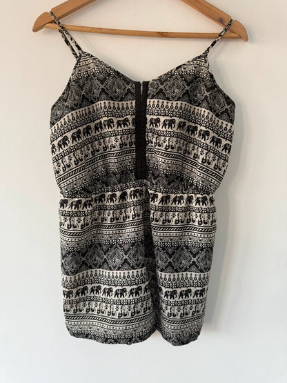 Black Pattered Playsuit Elephant Print Side Medium, preloved