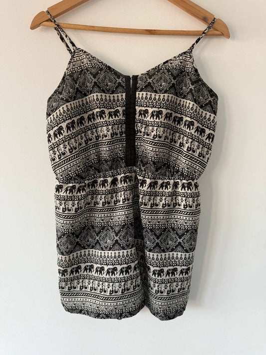 Black Pattered Playsuit Elephant Print Side Medium, preloved