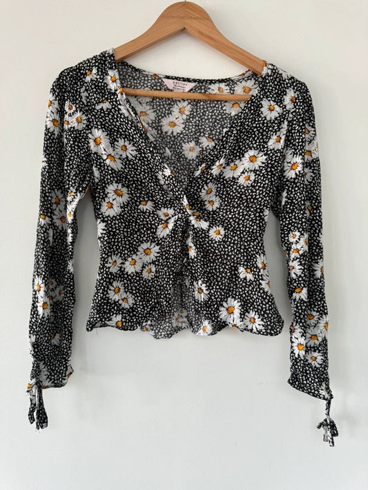 Miss Selfridge Black Daisy Long Sleeve Top Size 6 Petite, preloved