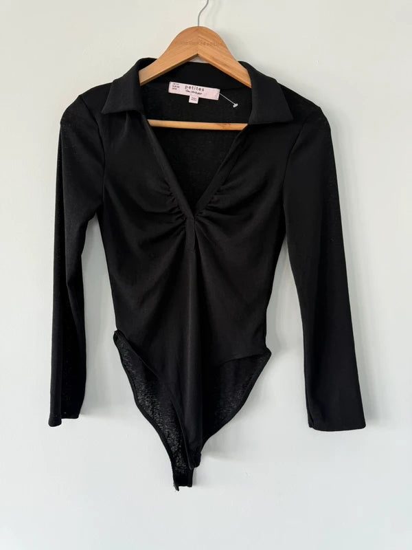 Miss Selfridge Black Collar Body Suit Size 12 Petite, preloved
