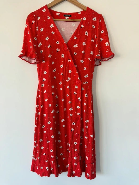 Roman Red Floral Button Summer Dress, preloved